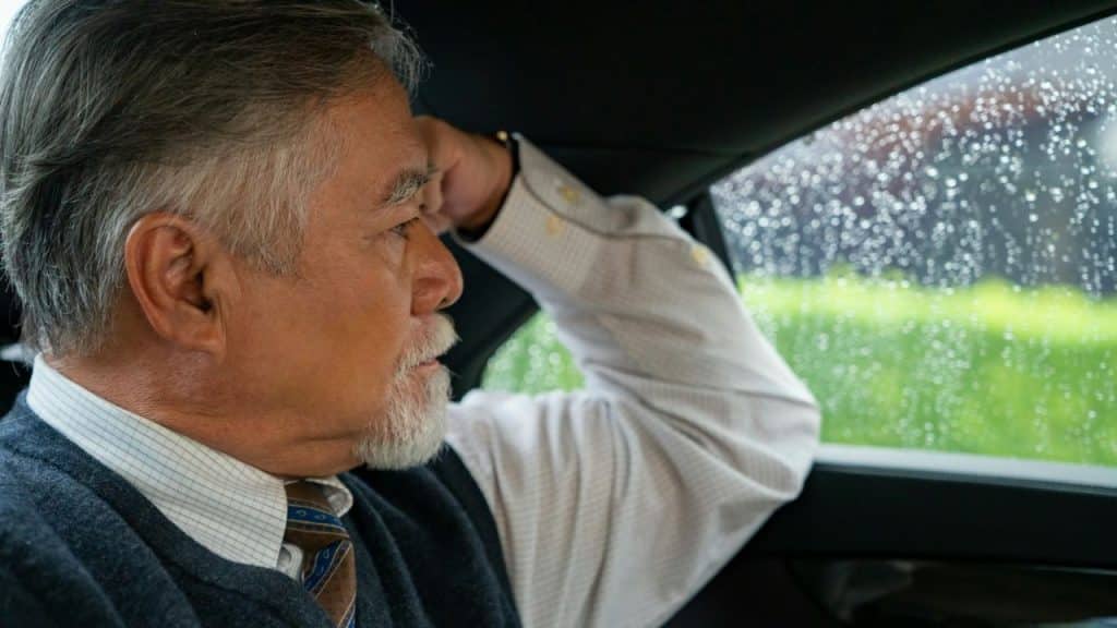 A profile view of an older man looking out a rain-streaked car window.