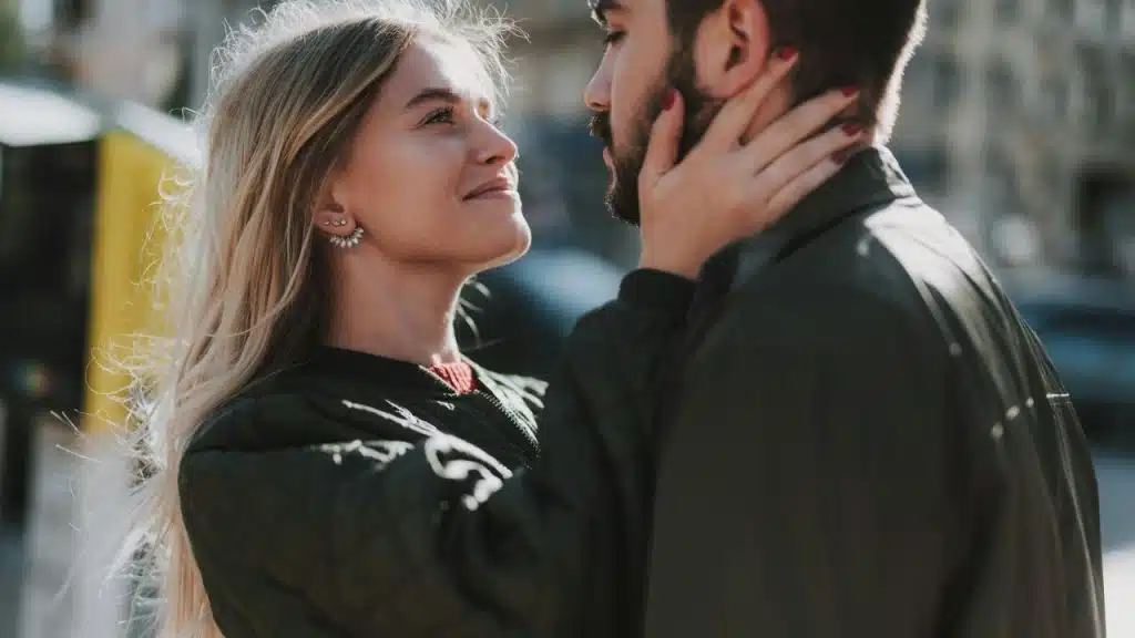 A woman smiling and looking into a man's eyes while holding his face outdoors.