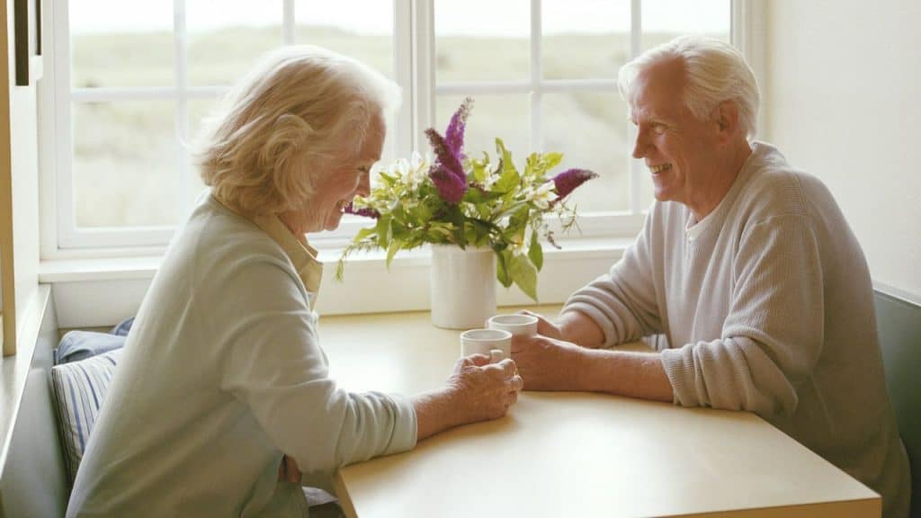 Elderly couple smiling at each other while sitting at a table with mugs by a window.