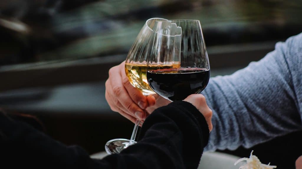 Close-up of two people toasting with a glass of red wine and a glass of white wine.