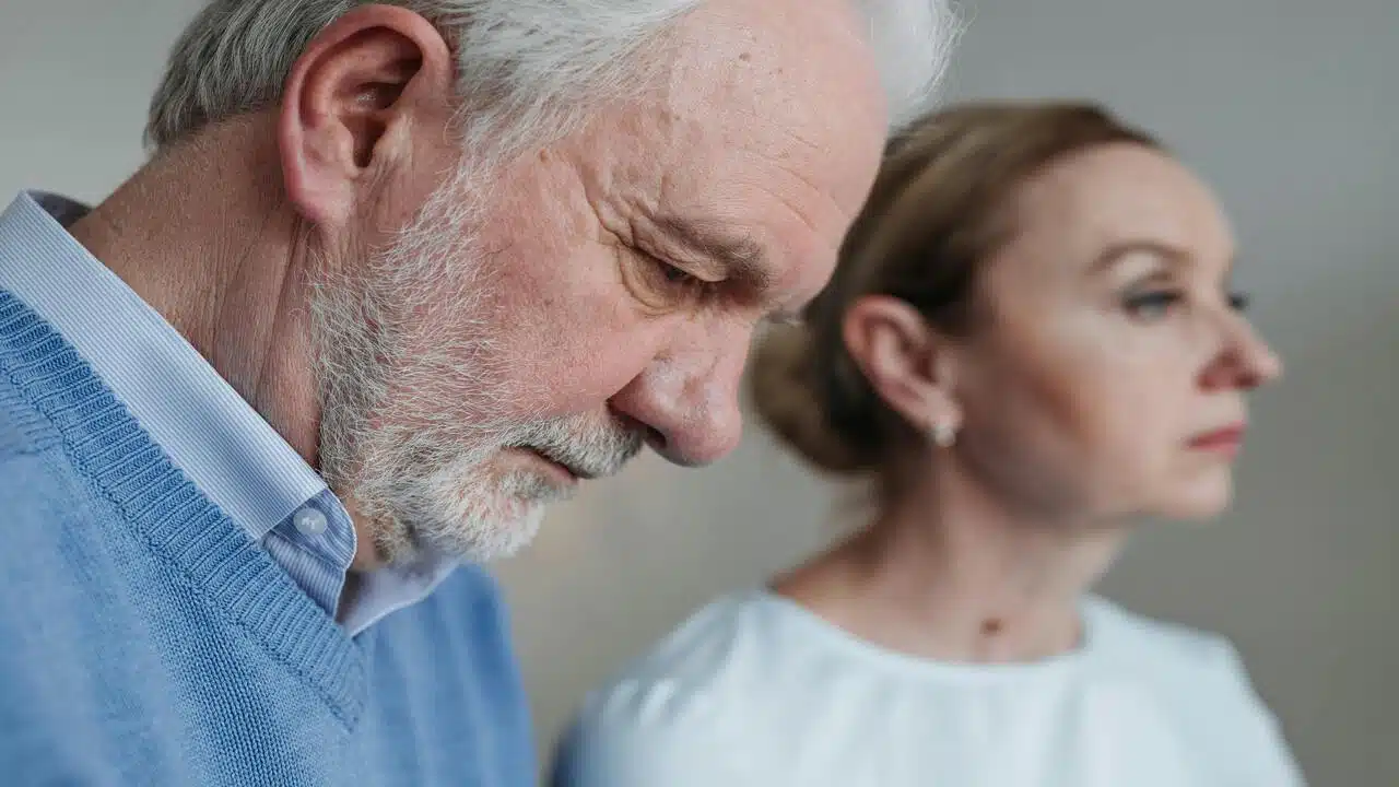 A couple looking upset at home