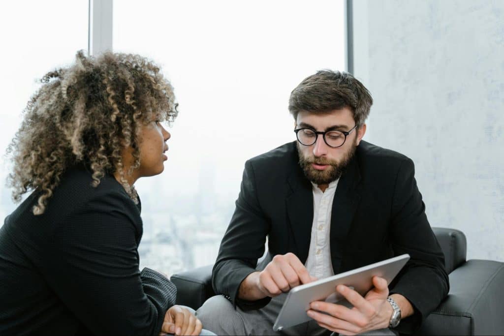 A man and woman talking
