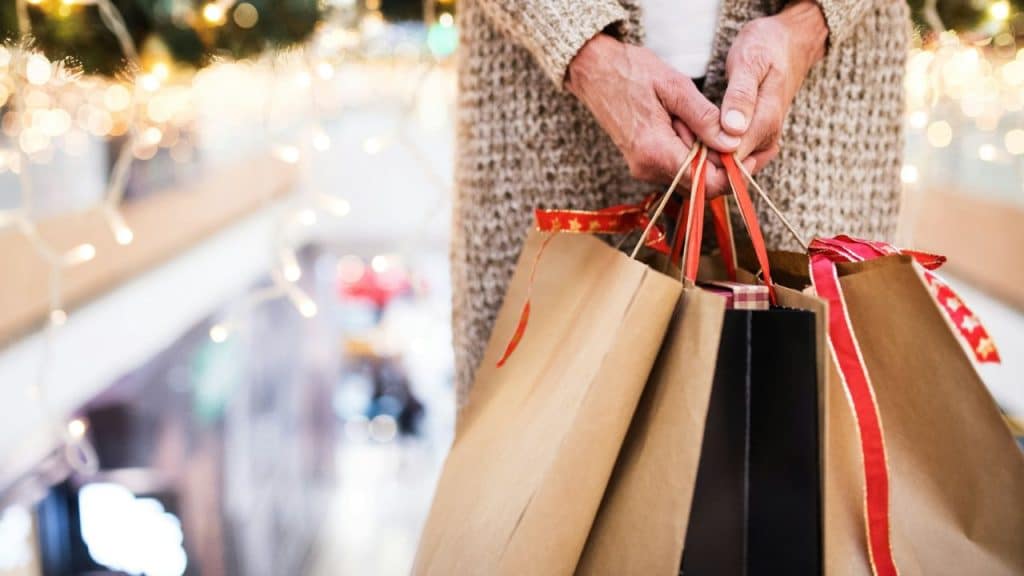 Close-up of hands holding brown shopping bags with red ribbon handles in a decorated space.