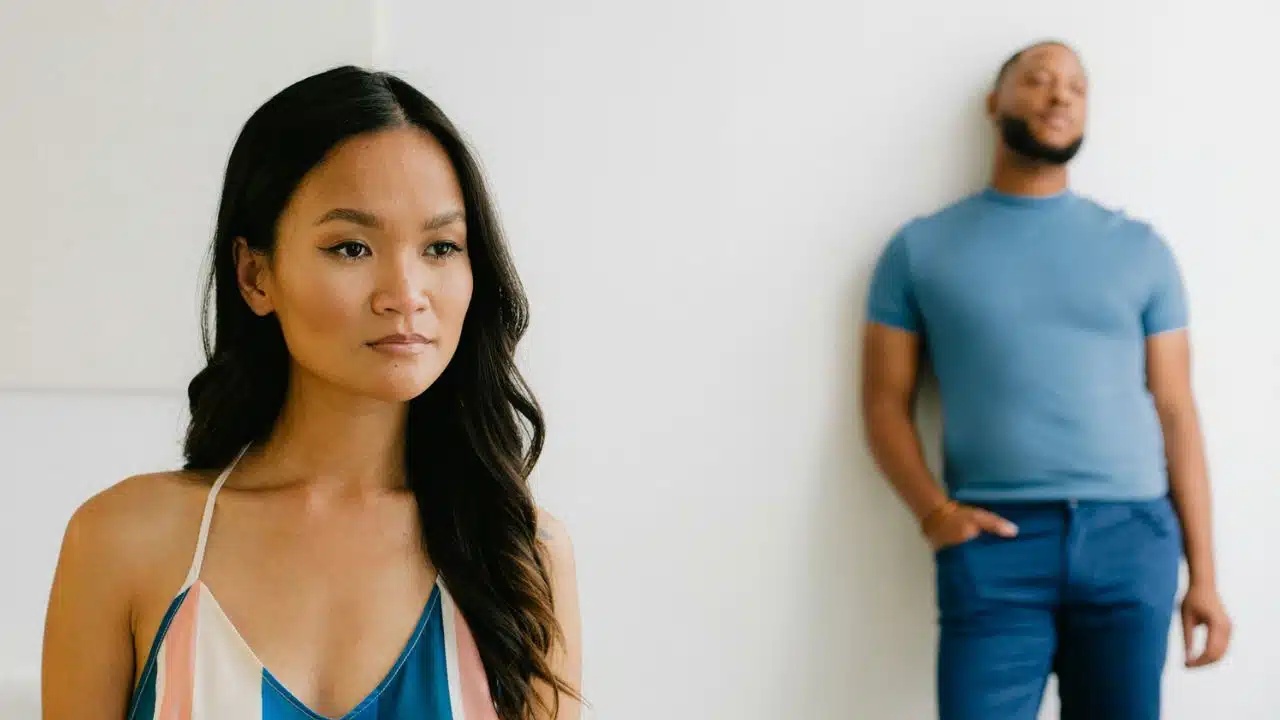 A woman in a striped top looks off-camera while a man in a blue shirt leans against a wall in the background.
