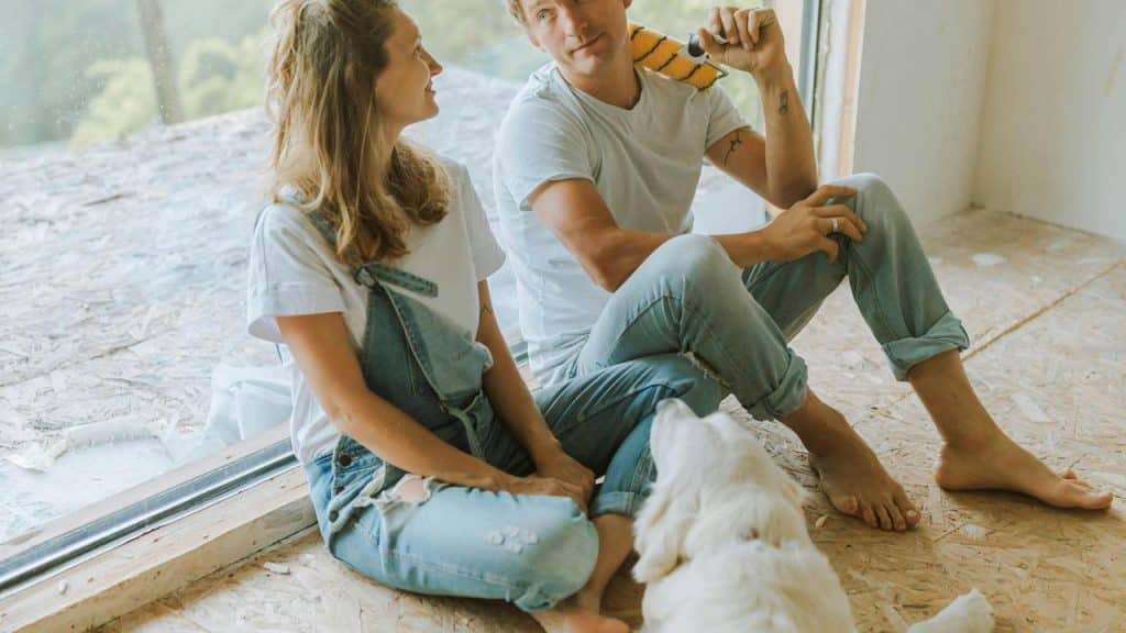 A couple sitting on a floor by a window with their dog during a home renovation.