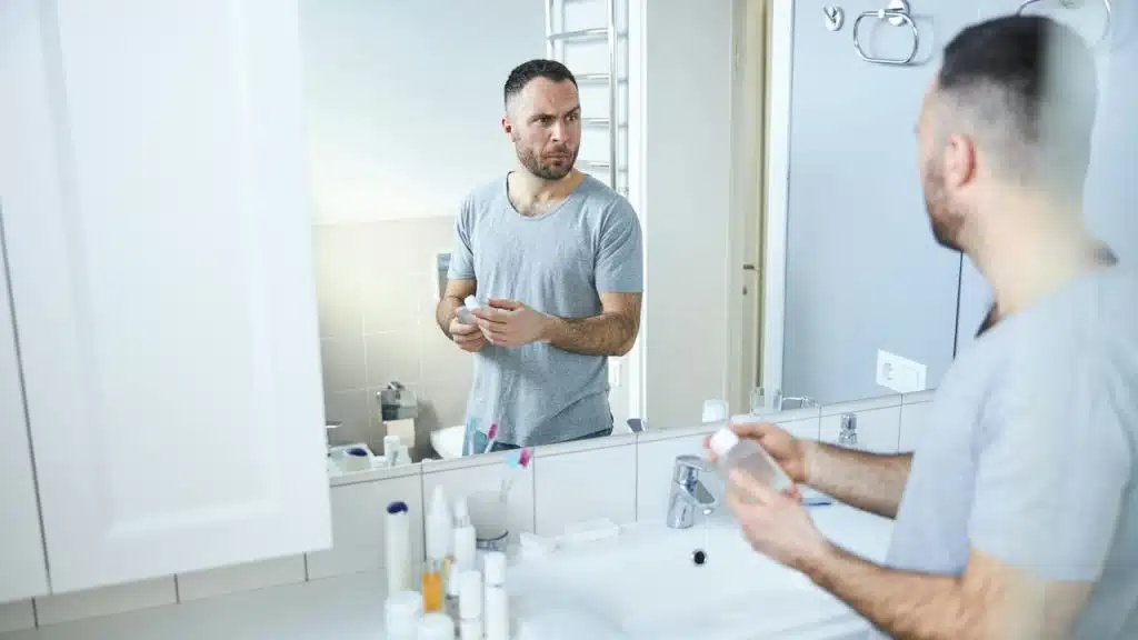 A handsome male person holding a bottle of fragrance while standing by the sink and making a funny expression.