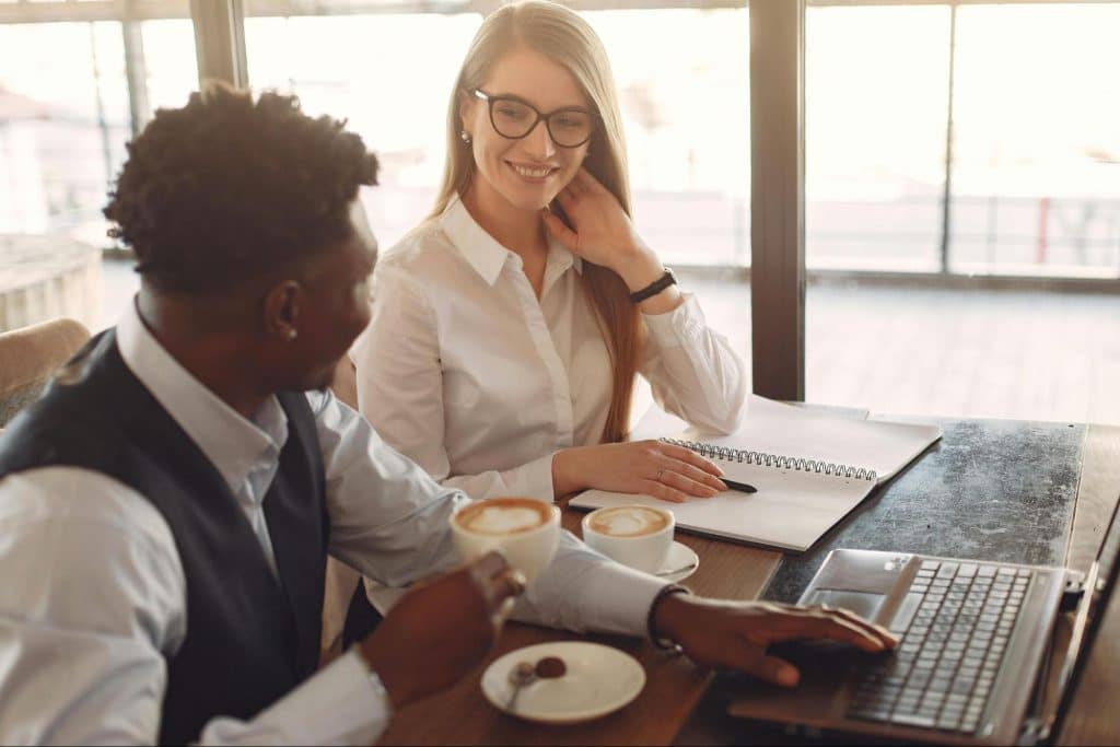 A man and woman working 