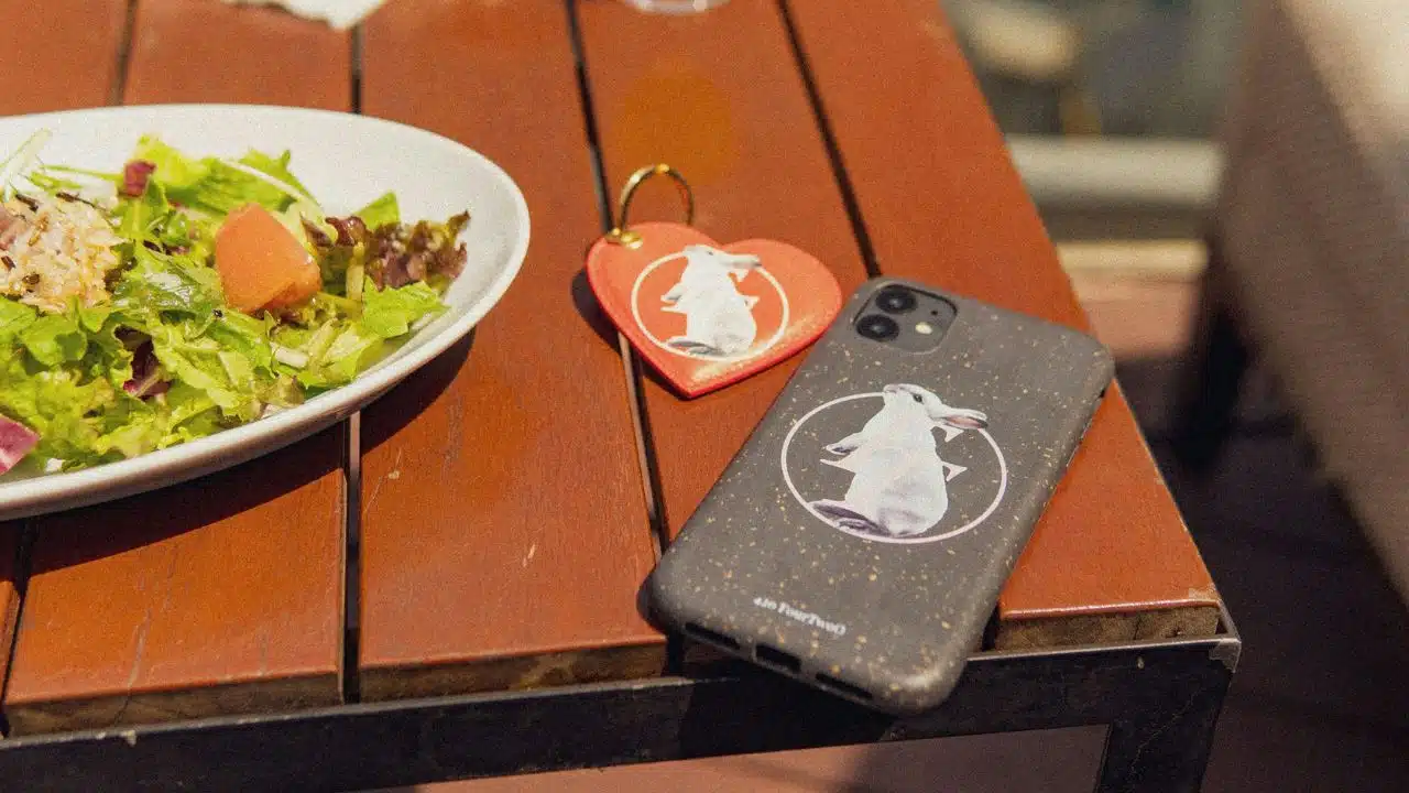 A phone with a speckled case and a rabbit decal lies face-down next to a salad.