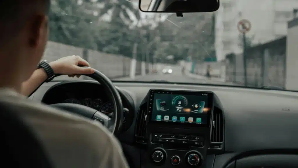 A person driving a car with a touchscreen dashboard display.