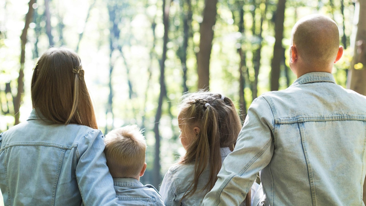 A picture of a family from behind outdoors. 