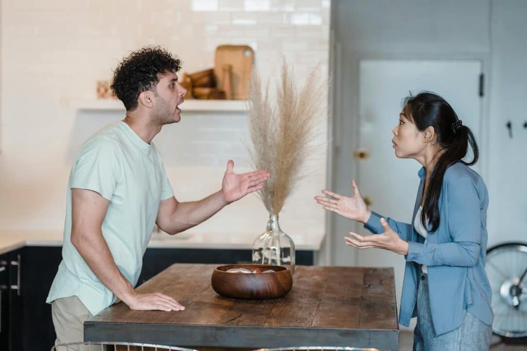 A couple arguing in the kitchen