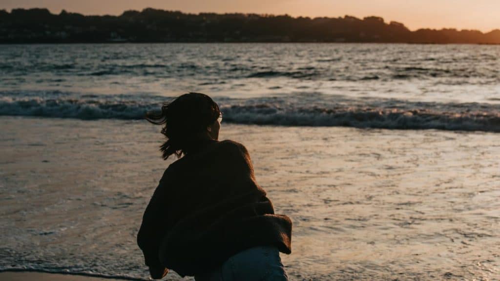 A person standing by the shore at sunset.