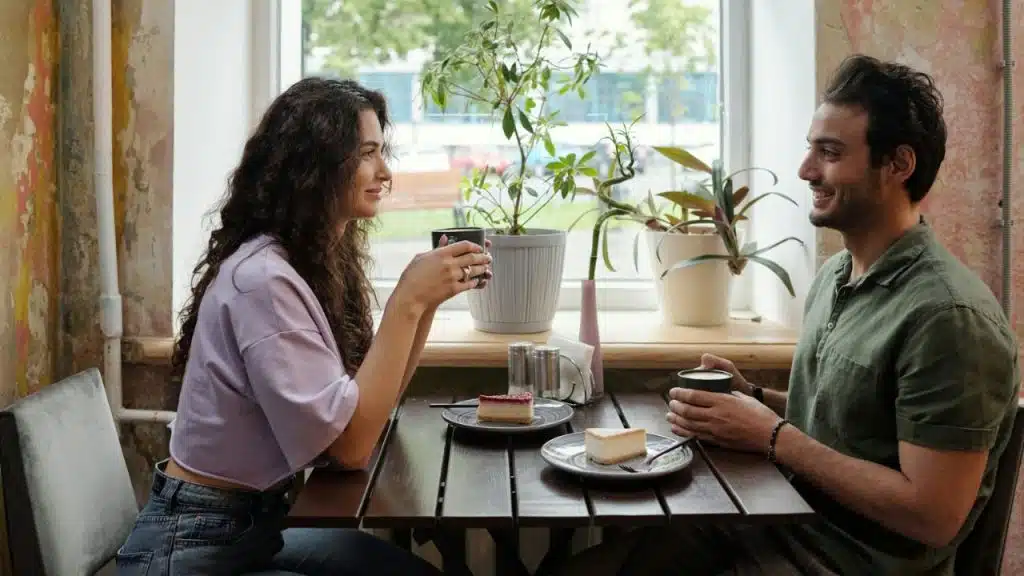 A man and woman sit at a cafe table, smiling and holding mugs near windows.