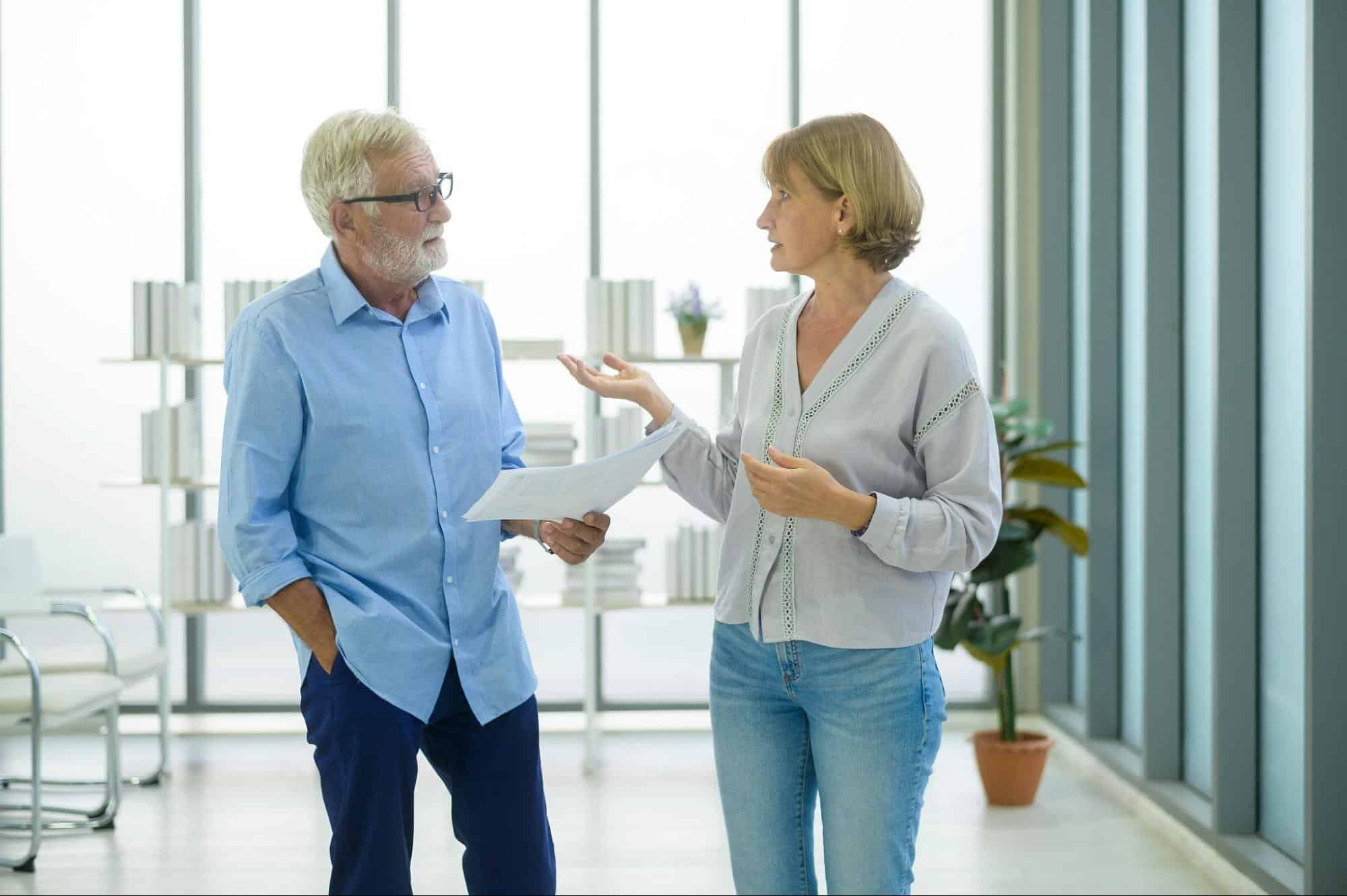A man and woman talking