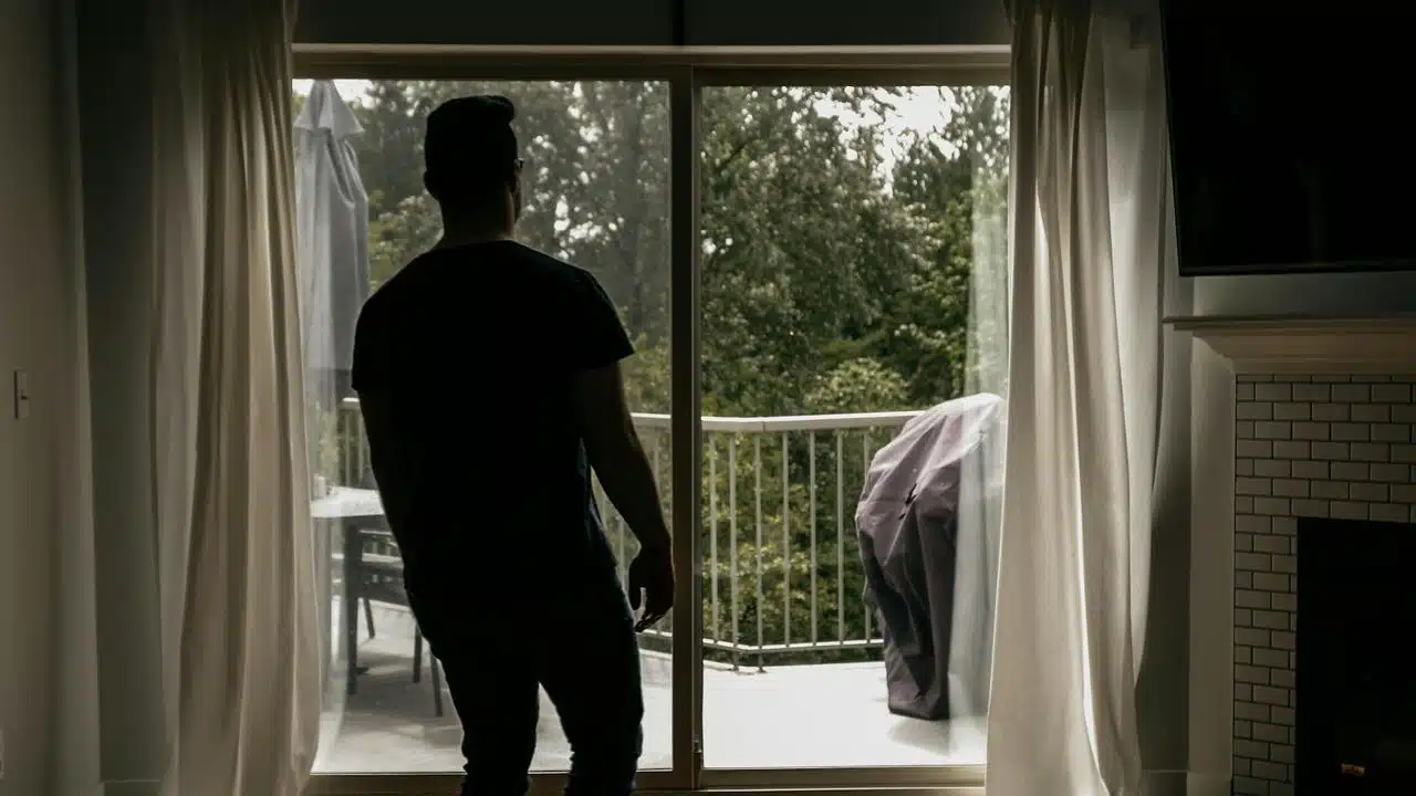 A man standing by a glass door looking outside at a balcony and trees.