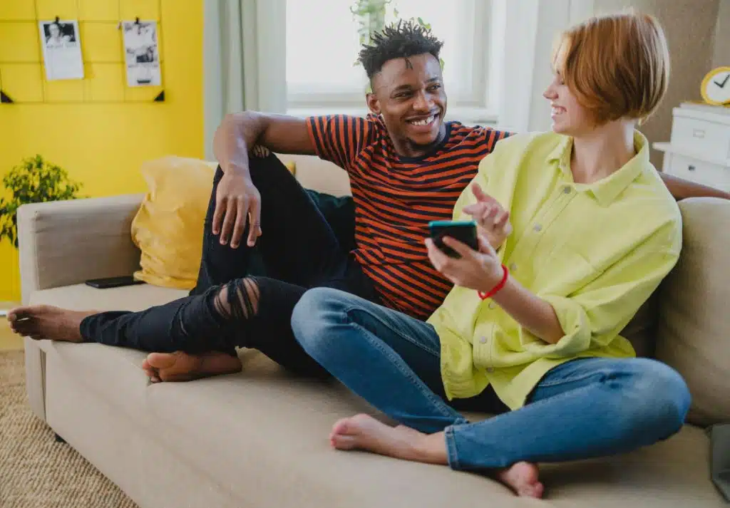 A man and woman talking