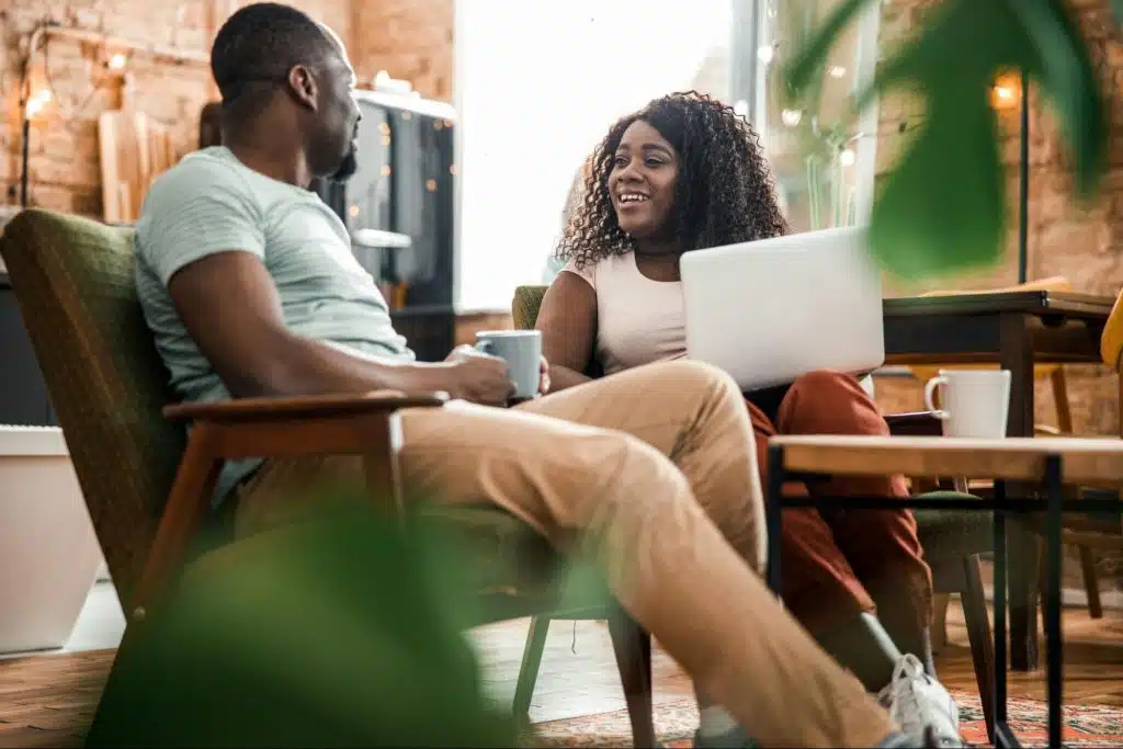 A man and woman talking