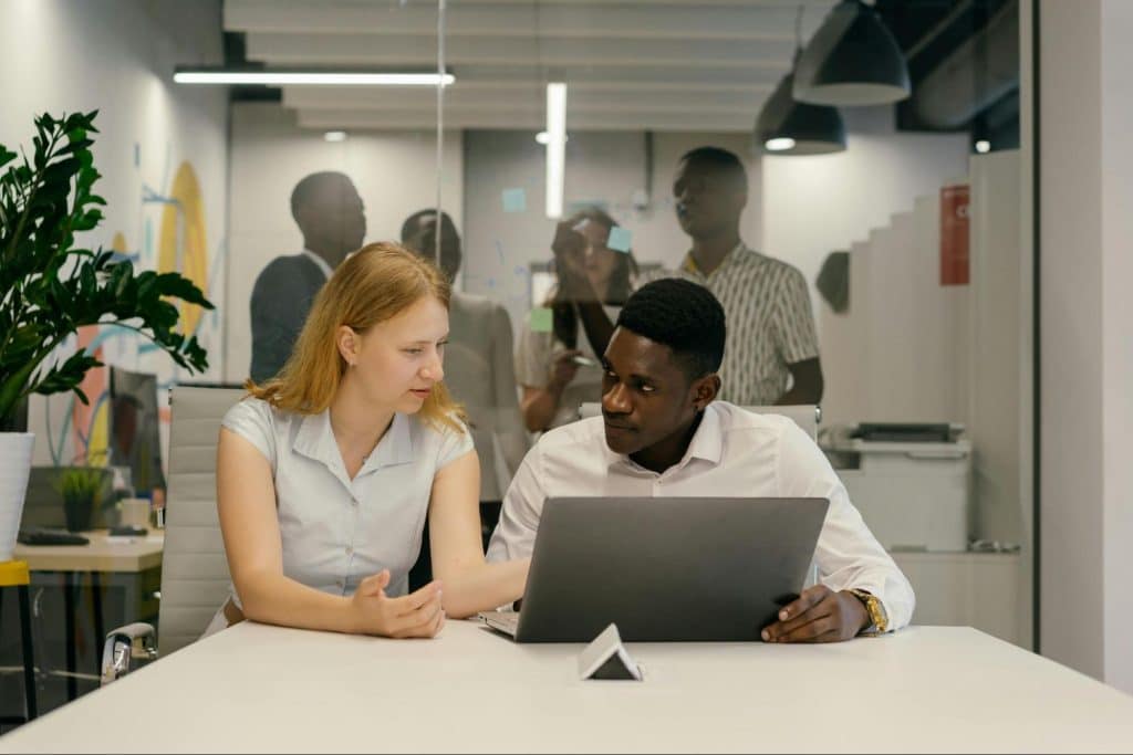 A man and woman discussing something
