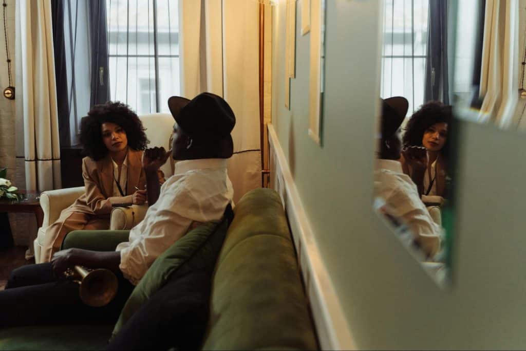 A man and woman talking