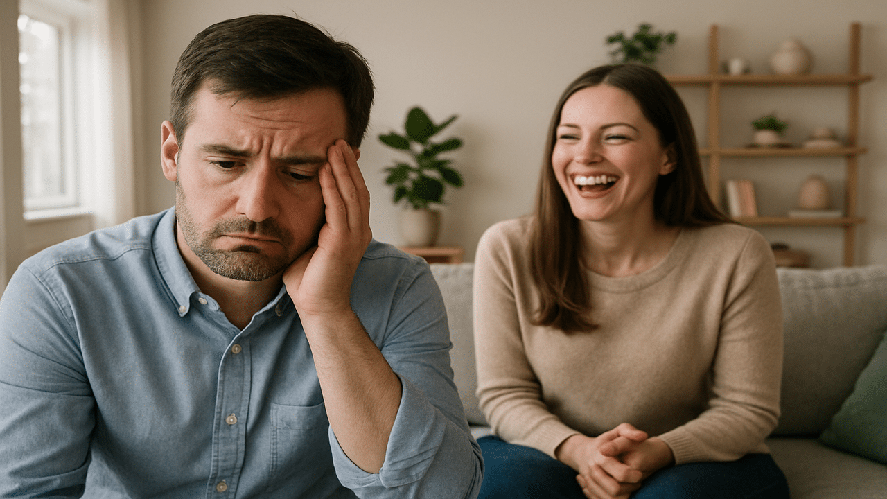 A man looking serious while his wife laughs