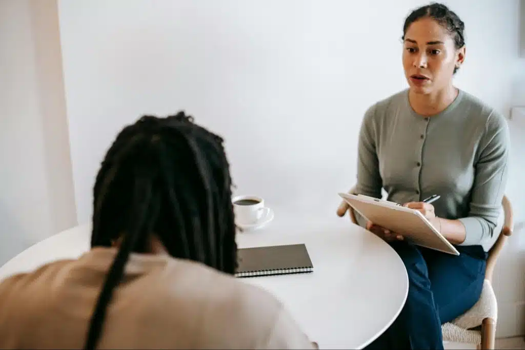 A man and woman talking