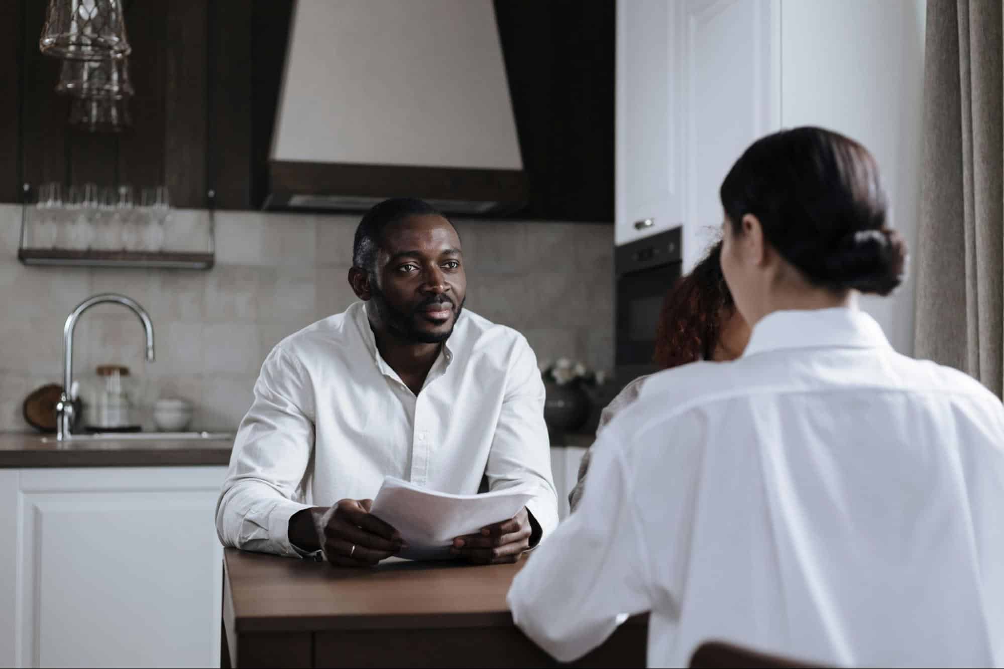 A man and woman talking