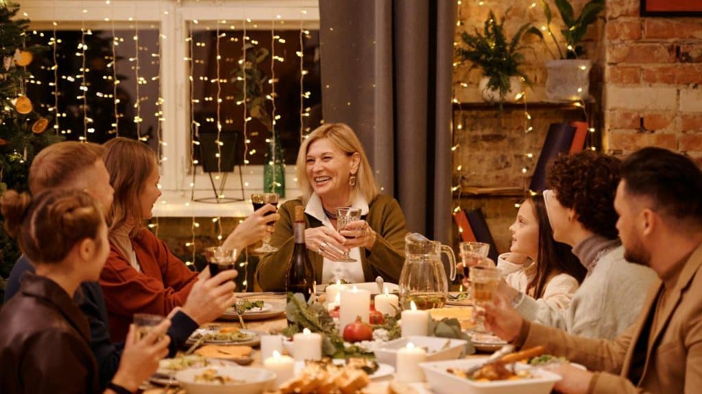 A family having Christmas dinner.
