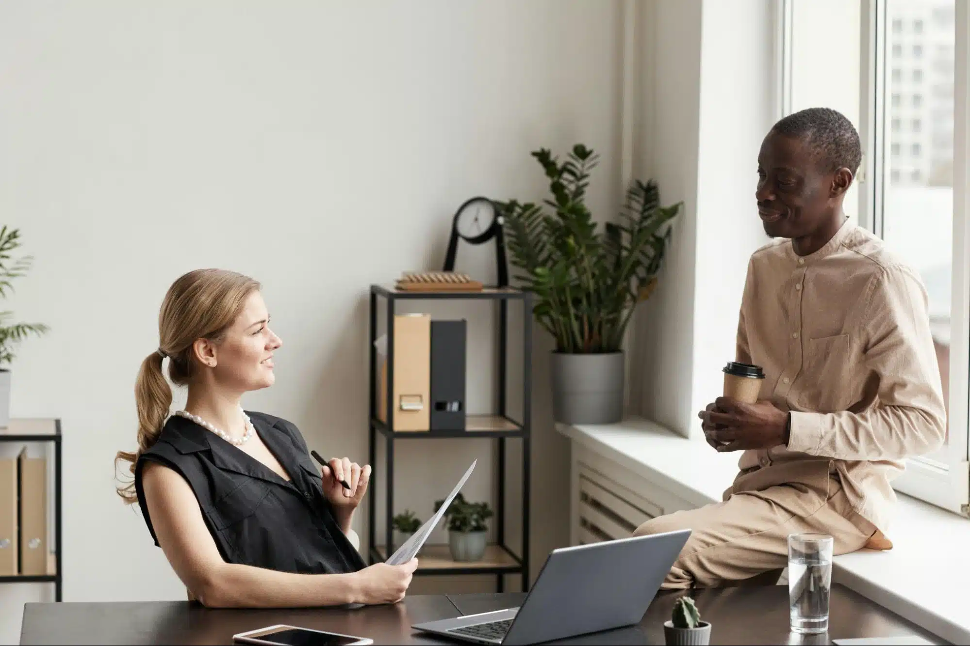 A man and woman talking