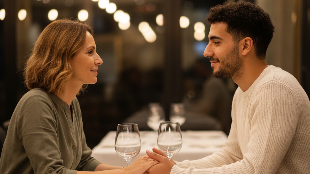 A woman and a man sitting at a dinner table, holding hands and smiling at each other.