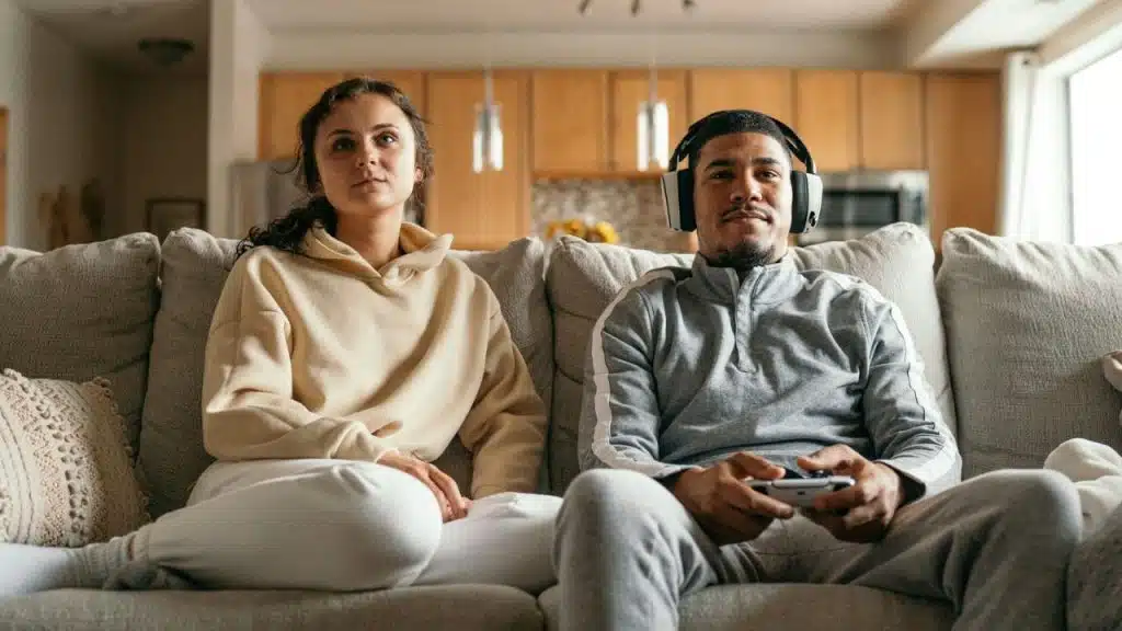 Man wearing headphones and holding a controller, sitting next to a woman on a couch.