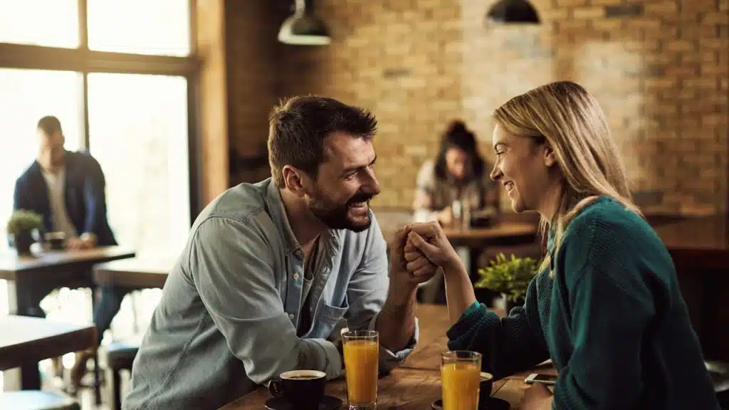 A happy couple communicating and holding hands while being on a date in a cafe.