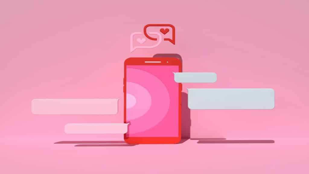 A pink 3D image depicting a dating app
