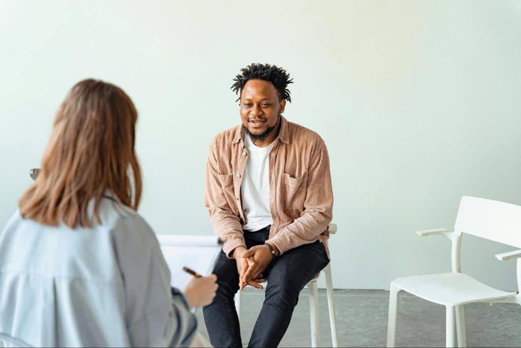 A man and woman talking