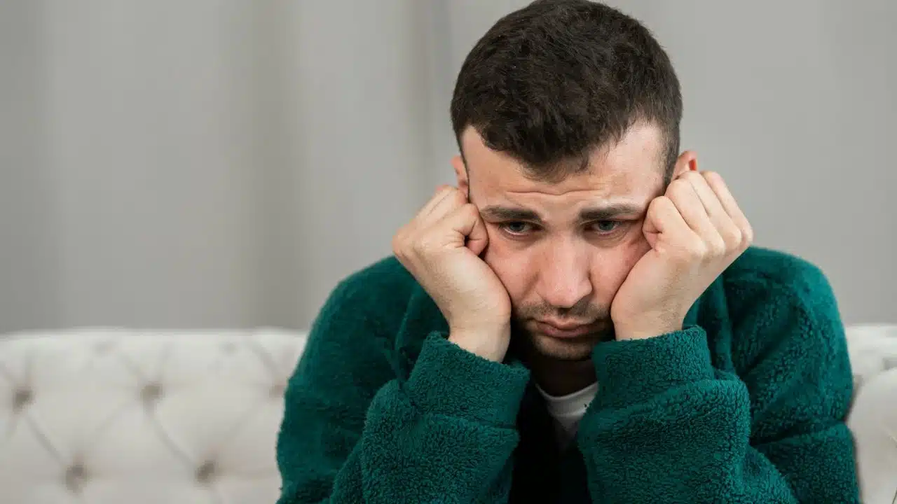 A sad-looking man in a dark green fluffy sweater resting his head in his hands.
