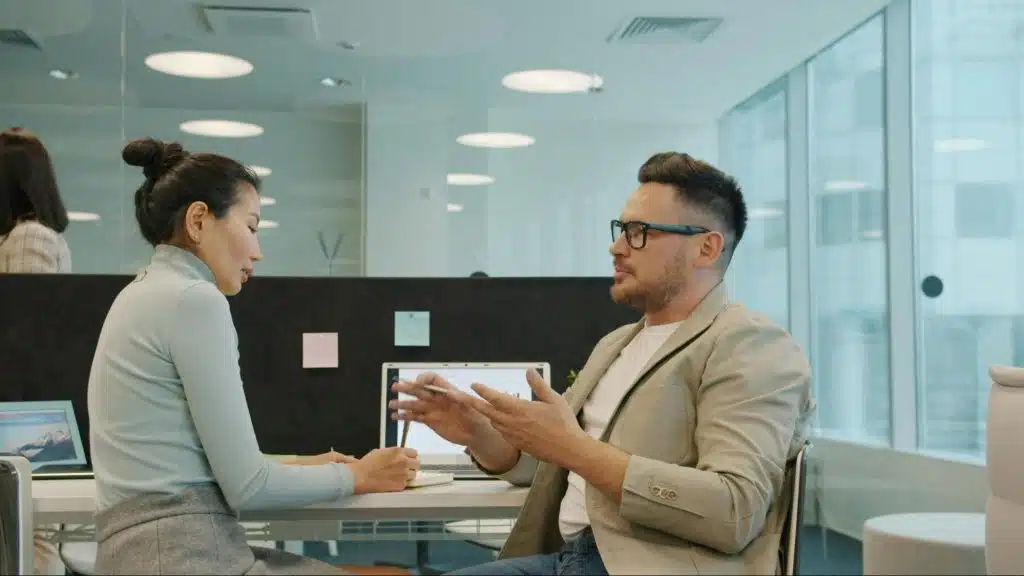 A man and woman talking
