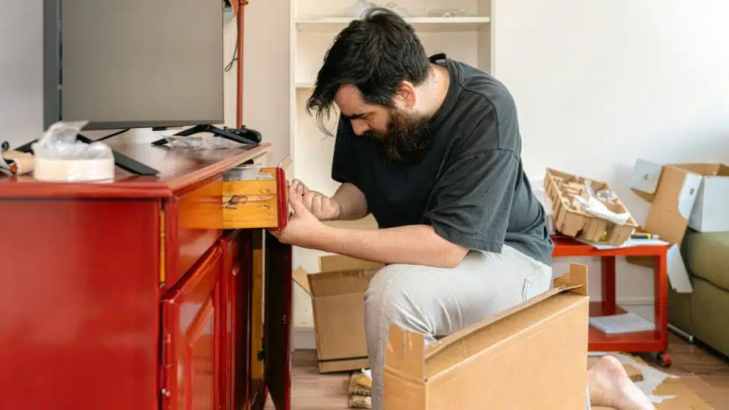 Bearded man wearing dark shirt kneeling, working on an open drawer of a red cabinet.