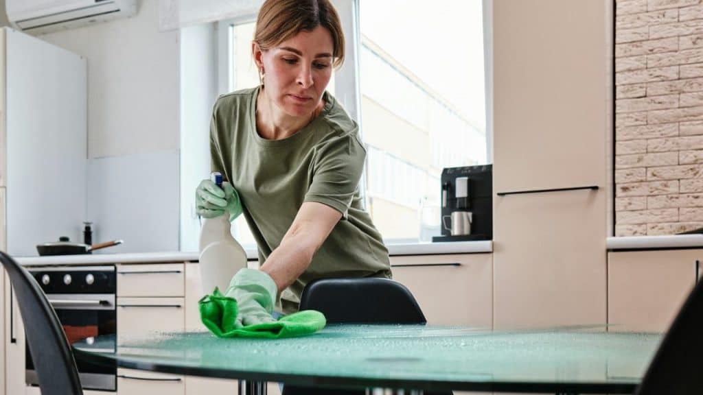 Woman cleaning a glass table with spray bottle and cloth in a modern kitchen.
