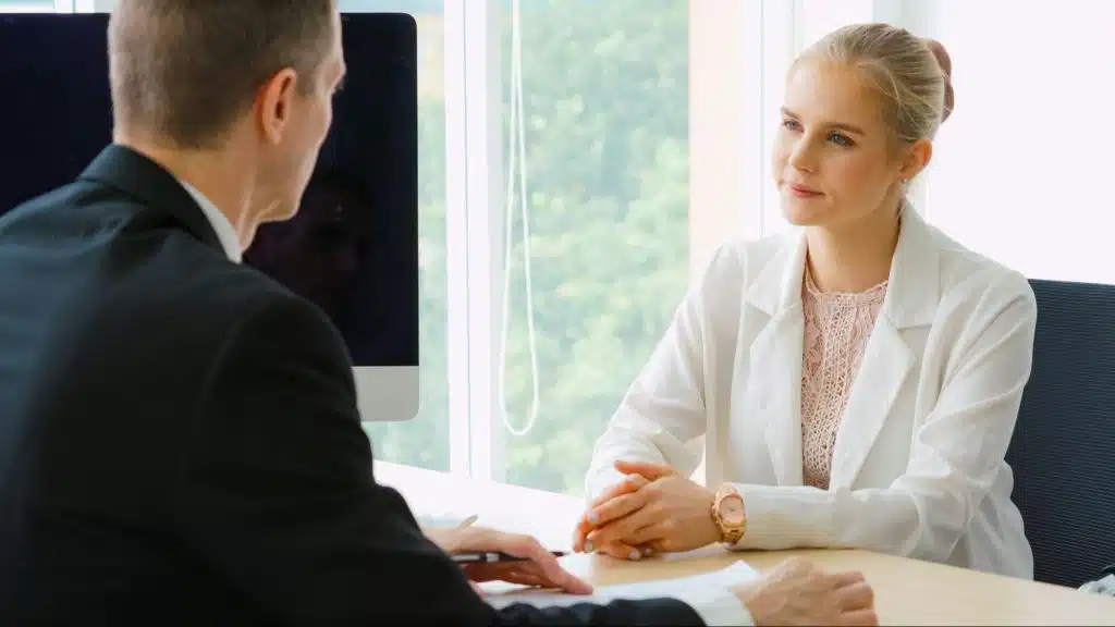 A man and woman talking