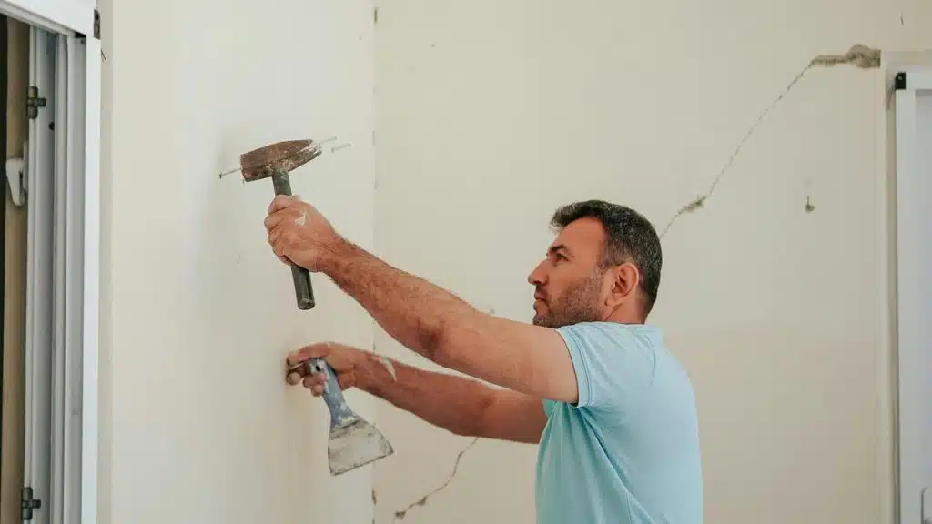 A man repairing a wall with a hammer and scraper.