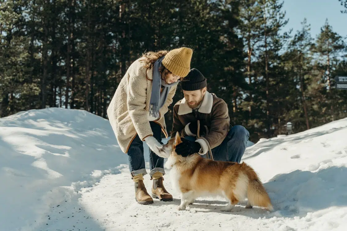 A man and a woman with a dog