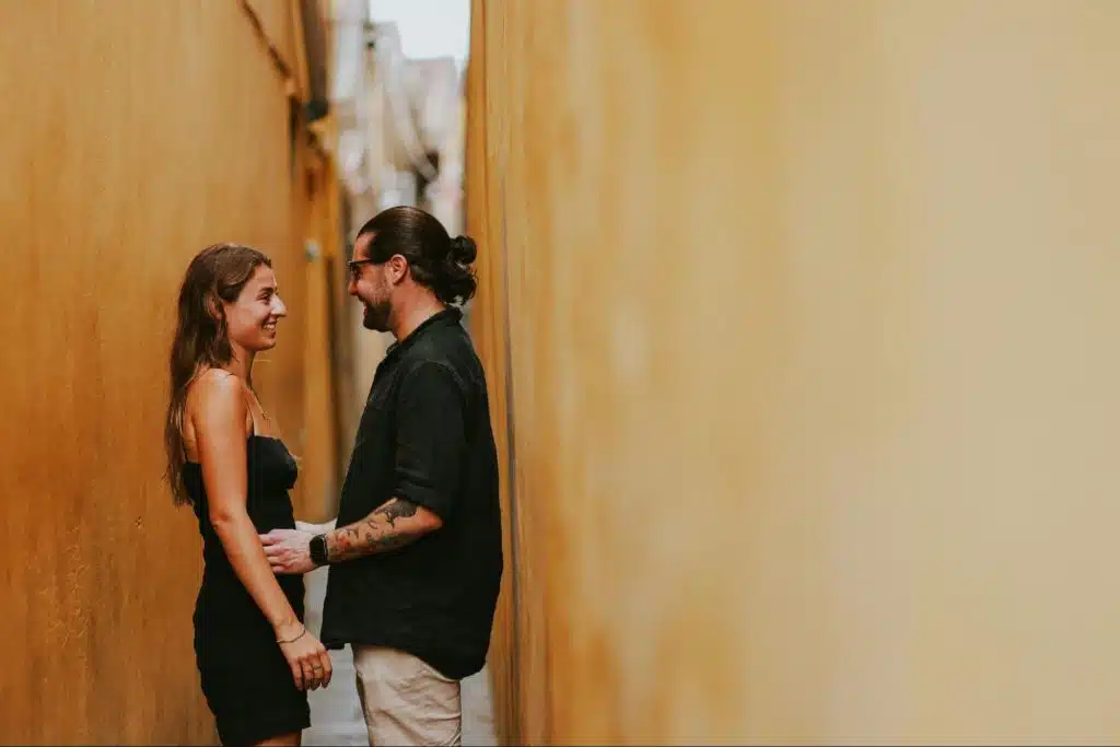 A man and woman looking at each other