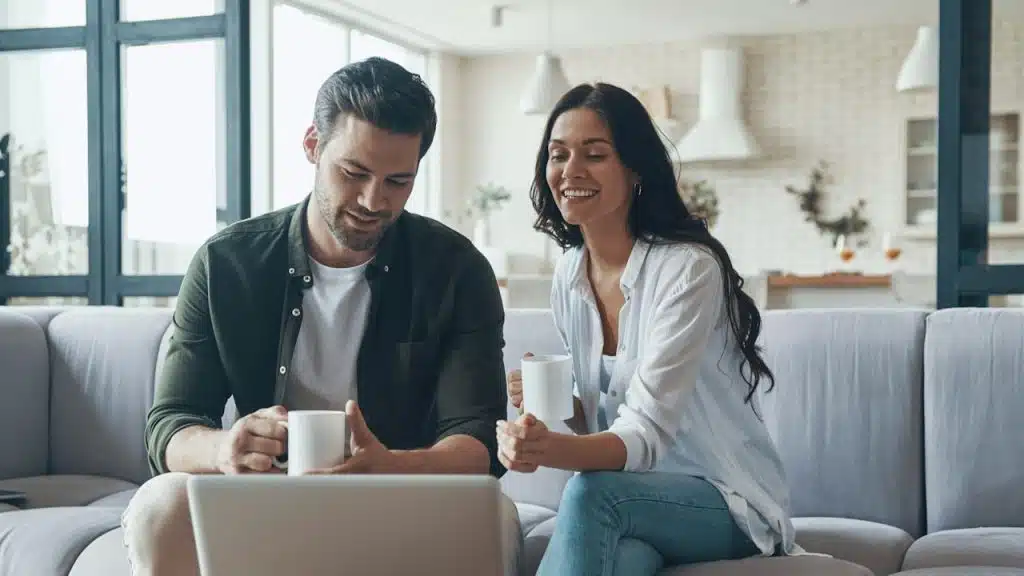 A couple sitting on a couch and watching something on a laptop as the woman smiles and the man holds a coffee cup.