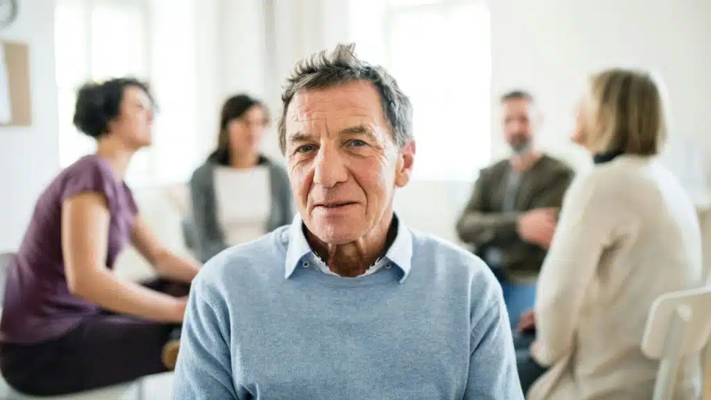 Middle-aged man in blue sweater smiles at camera during a group meeting.
