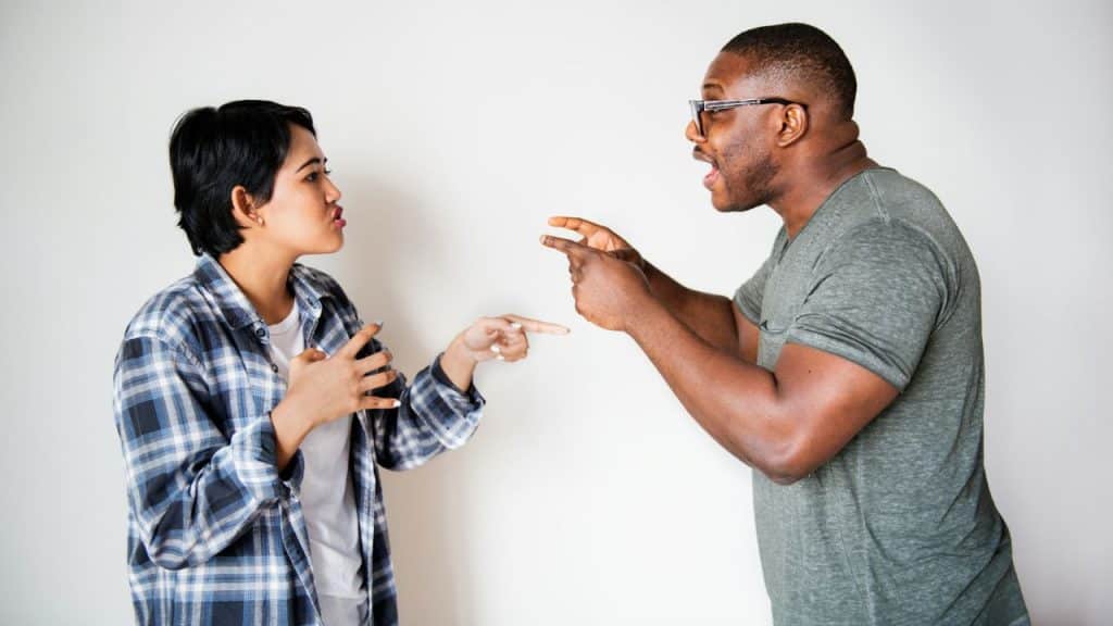 A man and woman stand facing each other, yelling and pointing accusatorially.