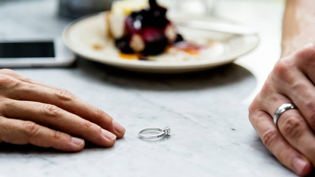 Two hands on a table with one hand bearing a wedding finger while one lies in the middle of the table.
