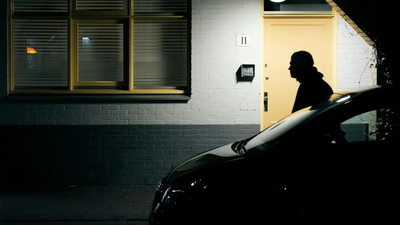 A man is silhouetted near a light yellow front door marked '11' next to a window at night, with a dark car in the foreground.