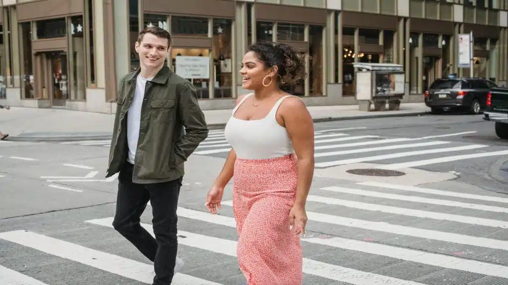 A couple crossing the road together