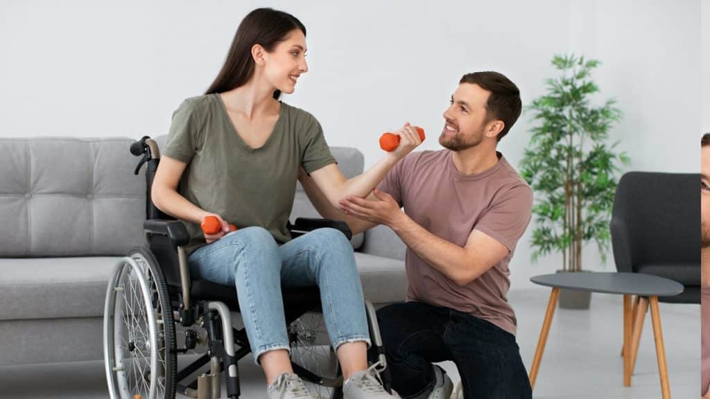A man helping her wife to do exercise, who is sitting on a wheel chair.