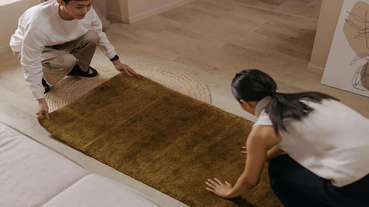 A couple laying down a rug on the floor