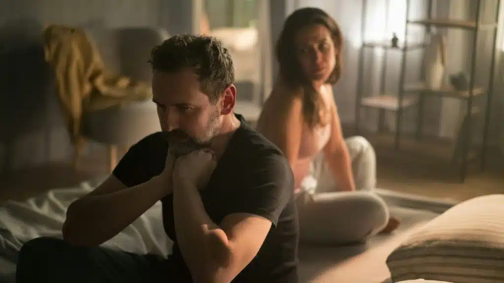 A man sits with his chin resting on his hands; a woman sits facing away in the background.